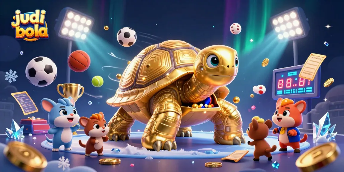 Experience thrilling judi bola action with a cartoon golden tortoise pinball machine amidst dynamic sports elements.