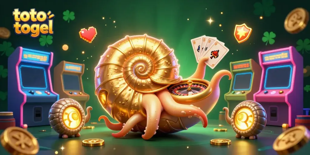Experience thrilling toto togel action with a giant nautilus displaying a roulette wheel, surrounded by glowing gaming elements.