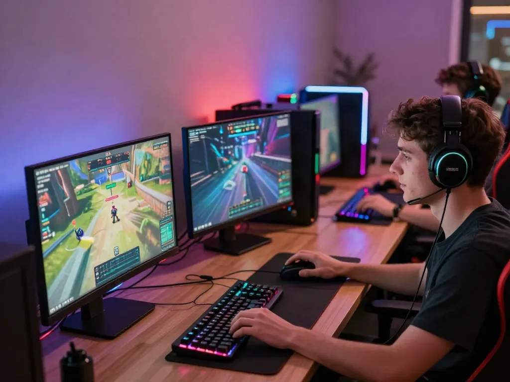 Login nyonya4d dalam lingkungan gaming modern dengan gamer berinteraksi secara online.