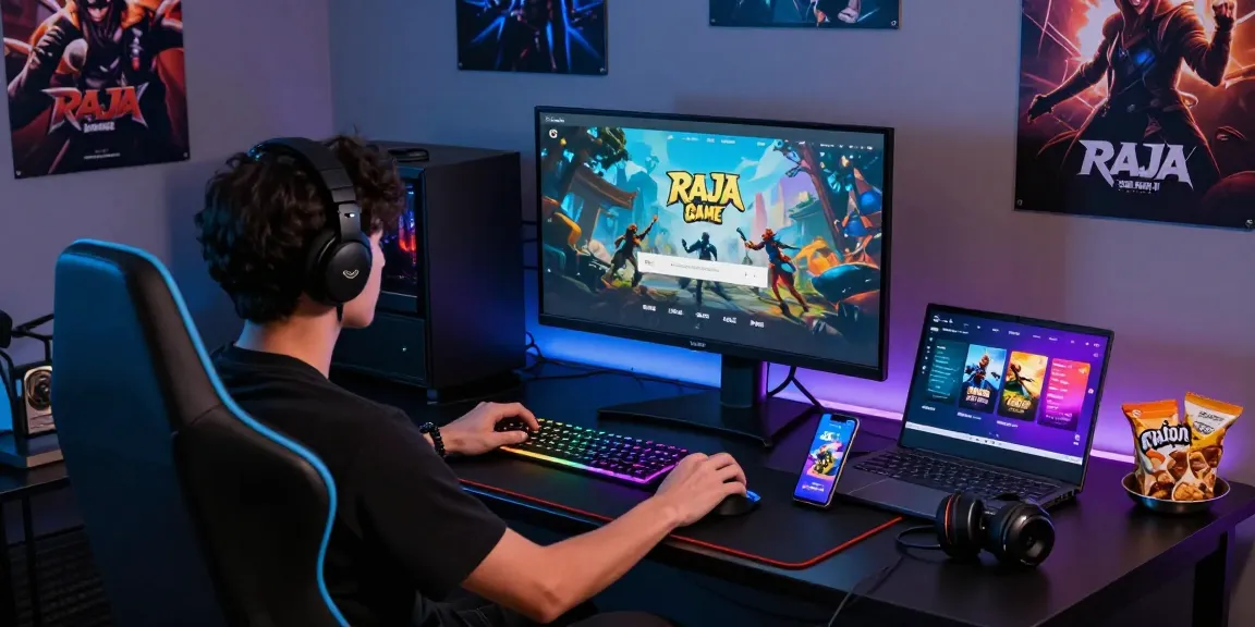 Raja Game login setup with dynamic gaming environment featuring modern tech gear and vibrant visuals.