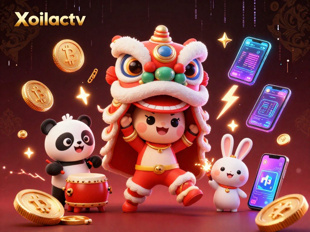 Xoilactv showcases a festive lion dance with crypto elements in a vibrant casino scene.