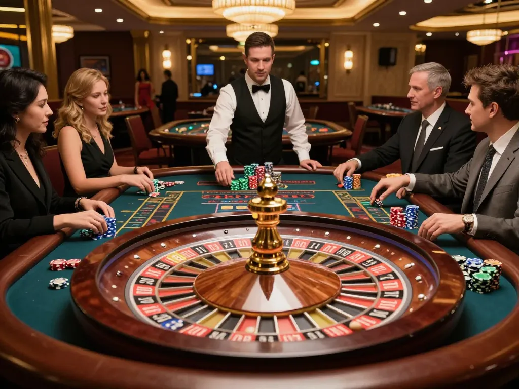 Spinning roulette wheel at hytw3339a casino with players placing bets and chips stacked high