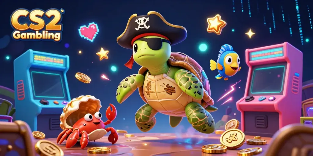 Engage in thrilling CS2 Gambling with a vibrant scene featuring a pirate turtle and arcade-style gaming elements.