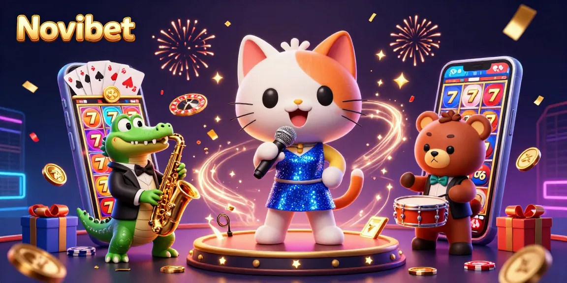 Experience Novibet's vibrant casino atmosphere with dazzling characters and dynamic elements.