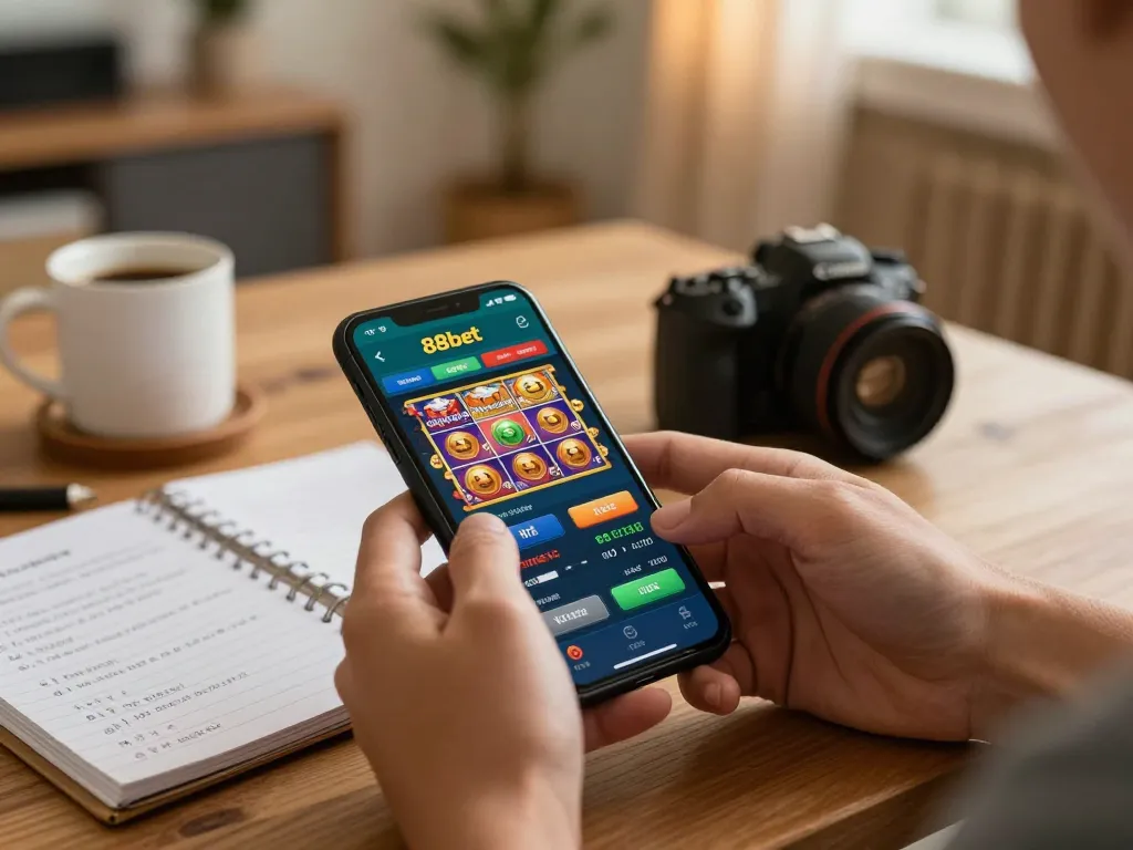 Playing online poker on 88bet com app in a cozy home setting with strategic notes.