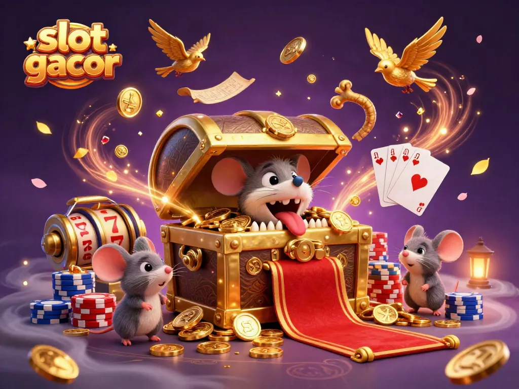 Engage in vibrant slot gacor visuals with a treasure chest and casino elements.