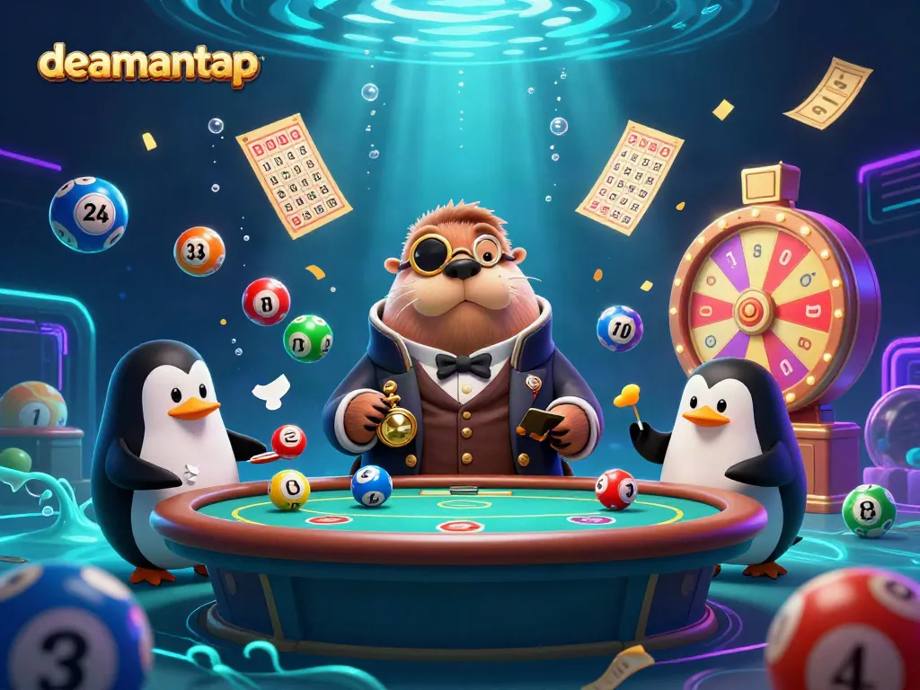 Engage with dealmantap's vibrant underwater poker scene featuring a jolly walrus and a penguin dealer.