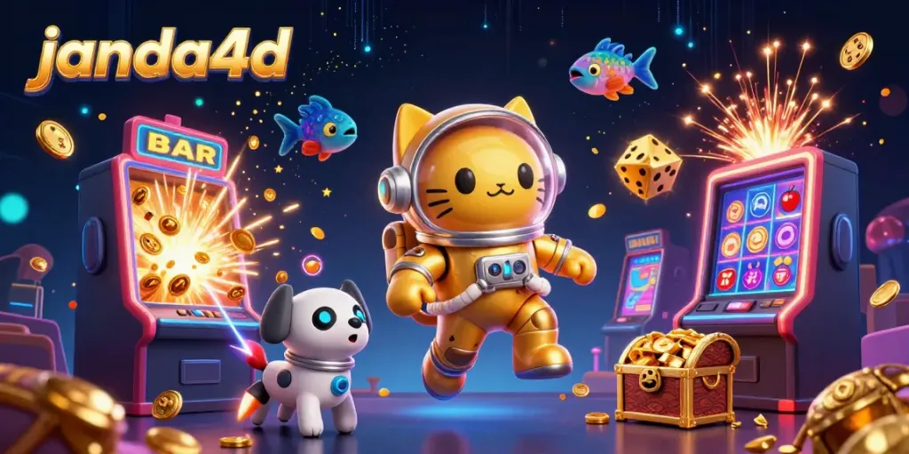 Permainan slot janda4d terlihat dengan karakter kucing astronot dan anjing robot dalam ilustrasi 3D yang ramai.