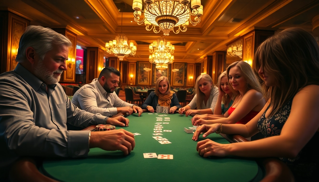 Experience the thrill of a sophisticated Blackjack Casino game with serious players at a luxurious table.