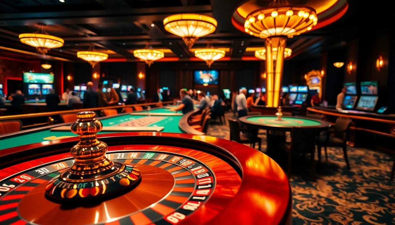 Casino game tables filled with players enjoying roulette in an elegant setting.