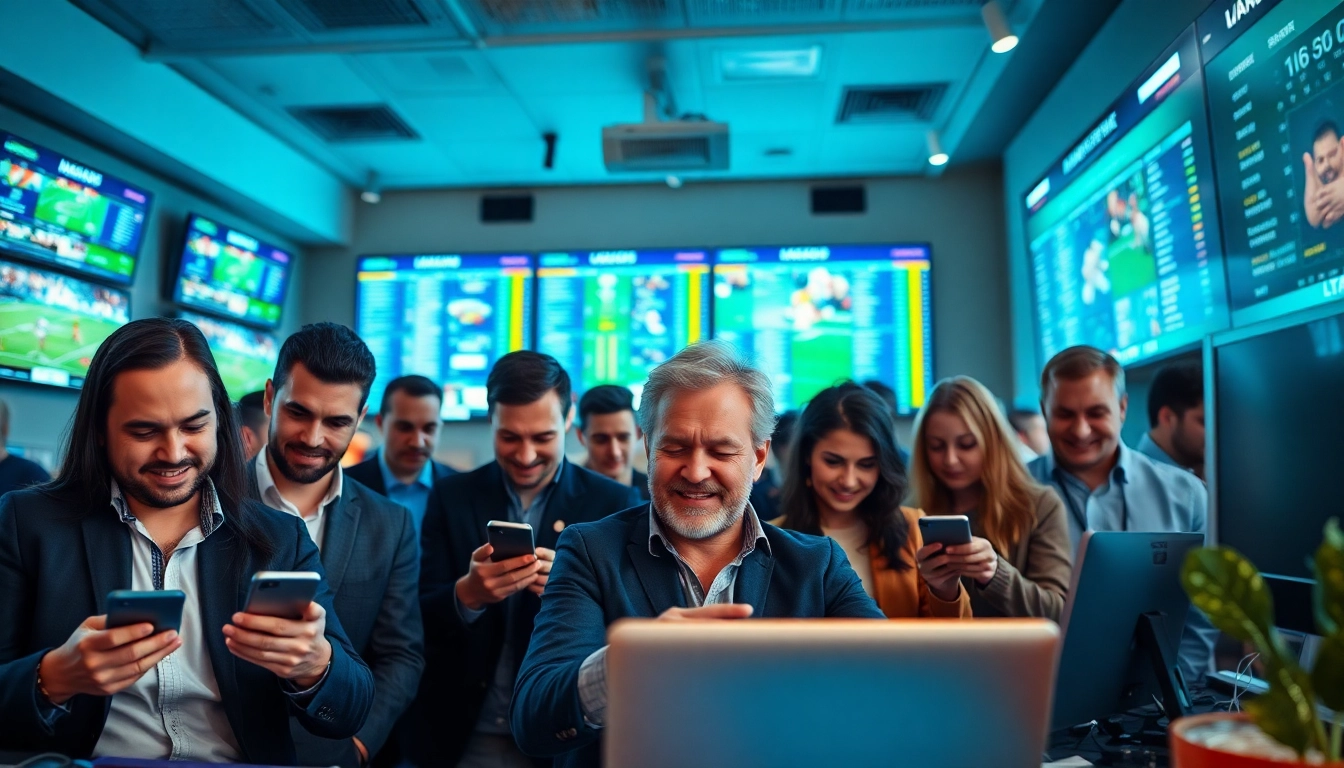 Engaged bettors placing wagers through online Betting, excitement in a lively sports setting.