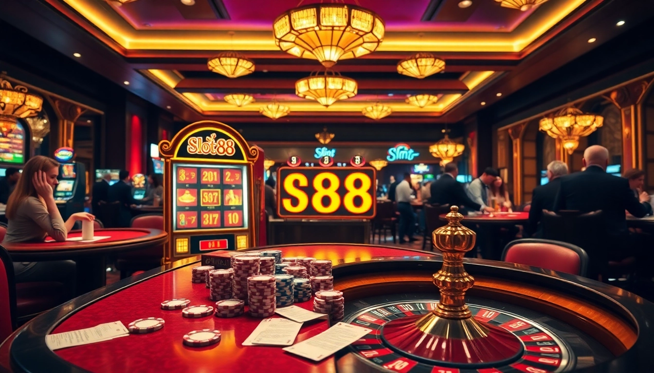 Play a winning combination on the slot88 machine amidst a vibrant casino setting.