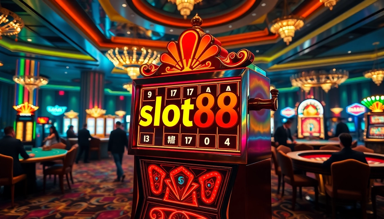 Experience slot88 excitement with elegant casino visuals featuring players and vibrant gaming setups.