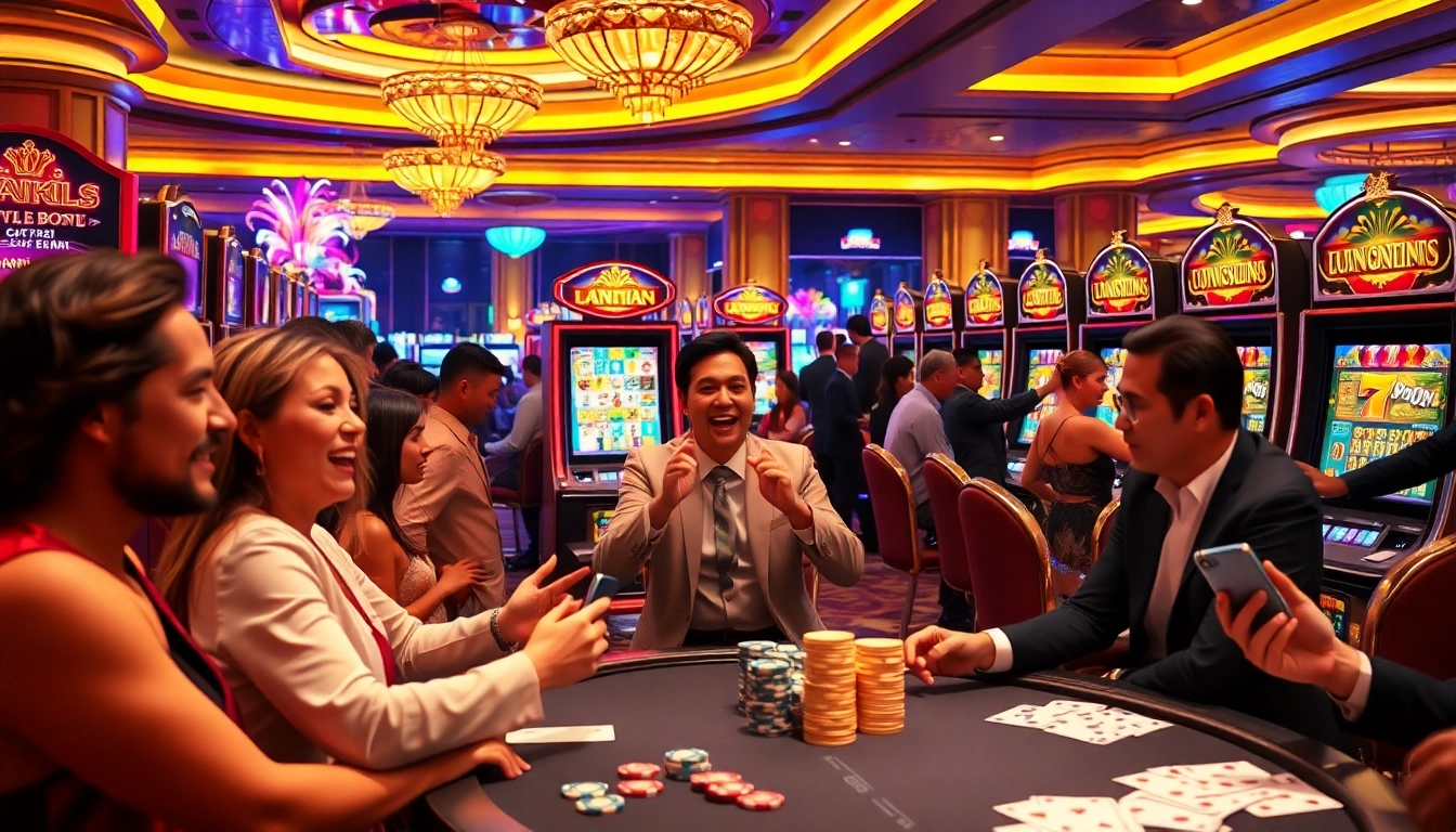 Players celebrating big wins on slot88 machines in a luxury casino setting.