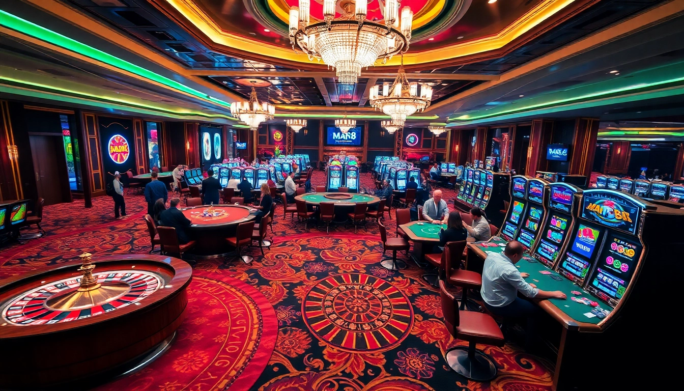 Experience the thrill of gaming at Man88 with vibrant casino visuals and luxury elements.