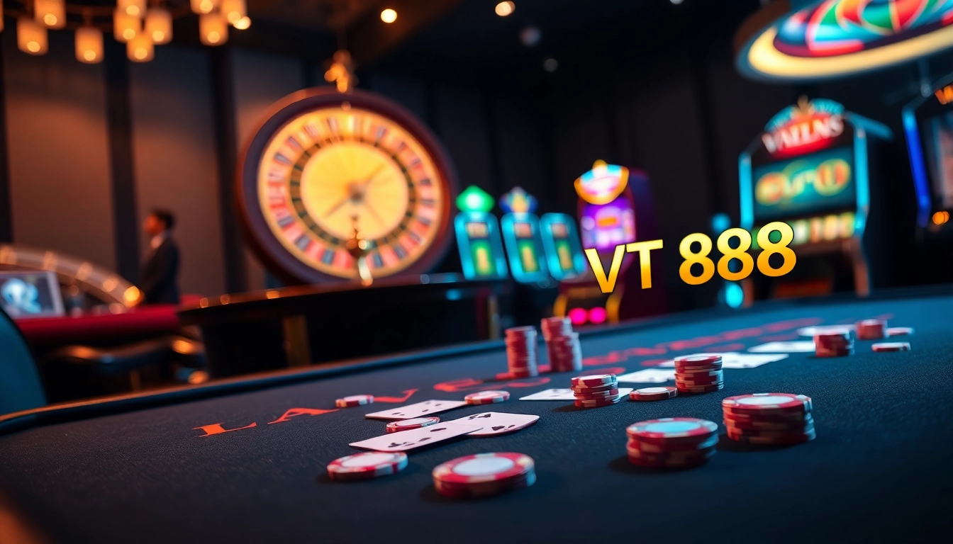 Engage in thrilling gaming at VT 88's luxurious poker table surrounded by vibrant casino elements.