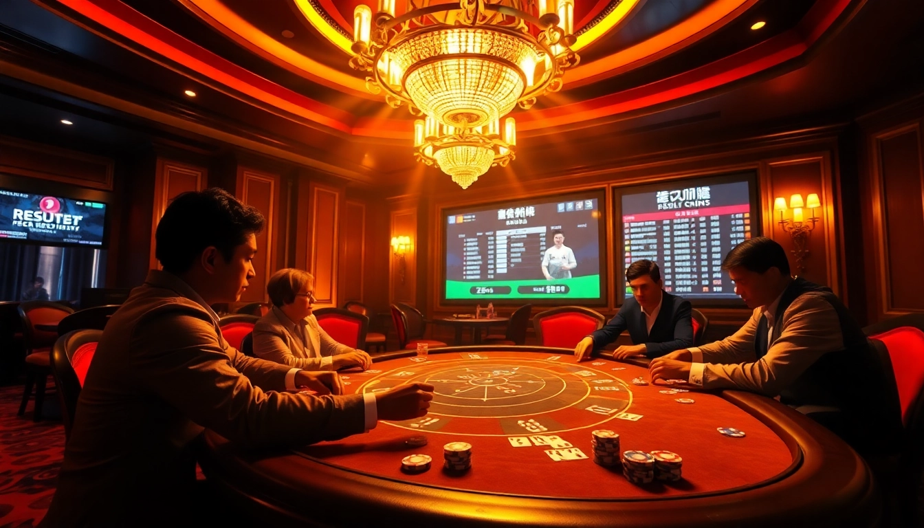 Experience a thrilling poker game in a luxurious casino, featuring live betting results and opulent decor, highlighting gambling strategies related to result china.