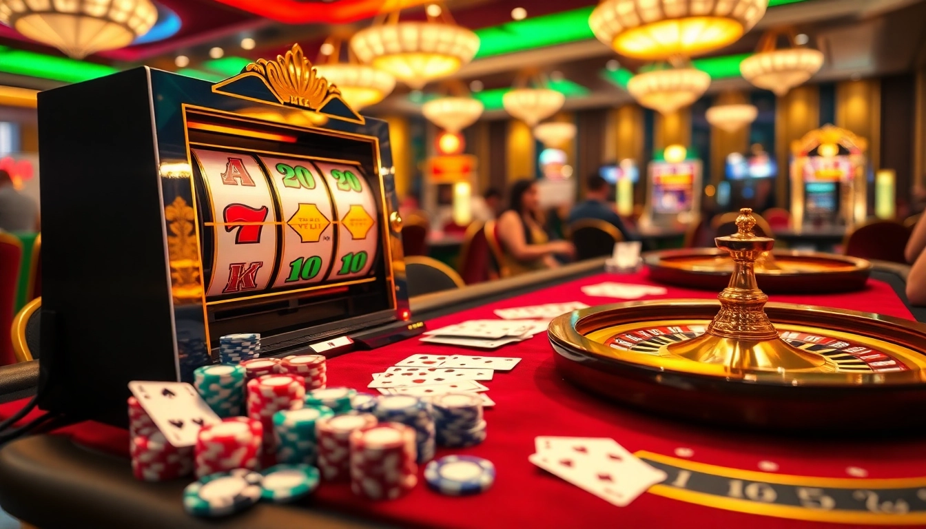 Experience thrilling gameplay with slot online terpercaya featuring luxury slot machines, poker chips, and roulette wheels.