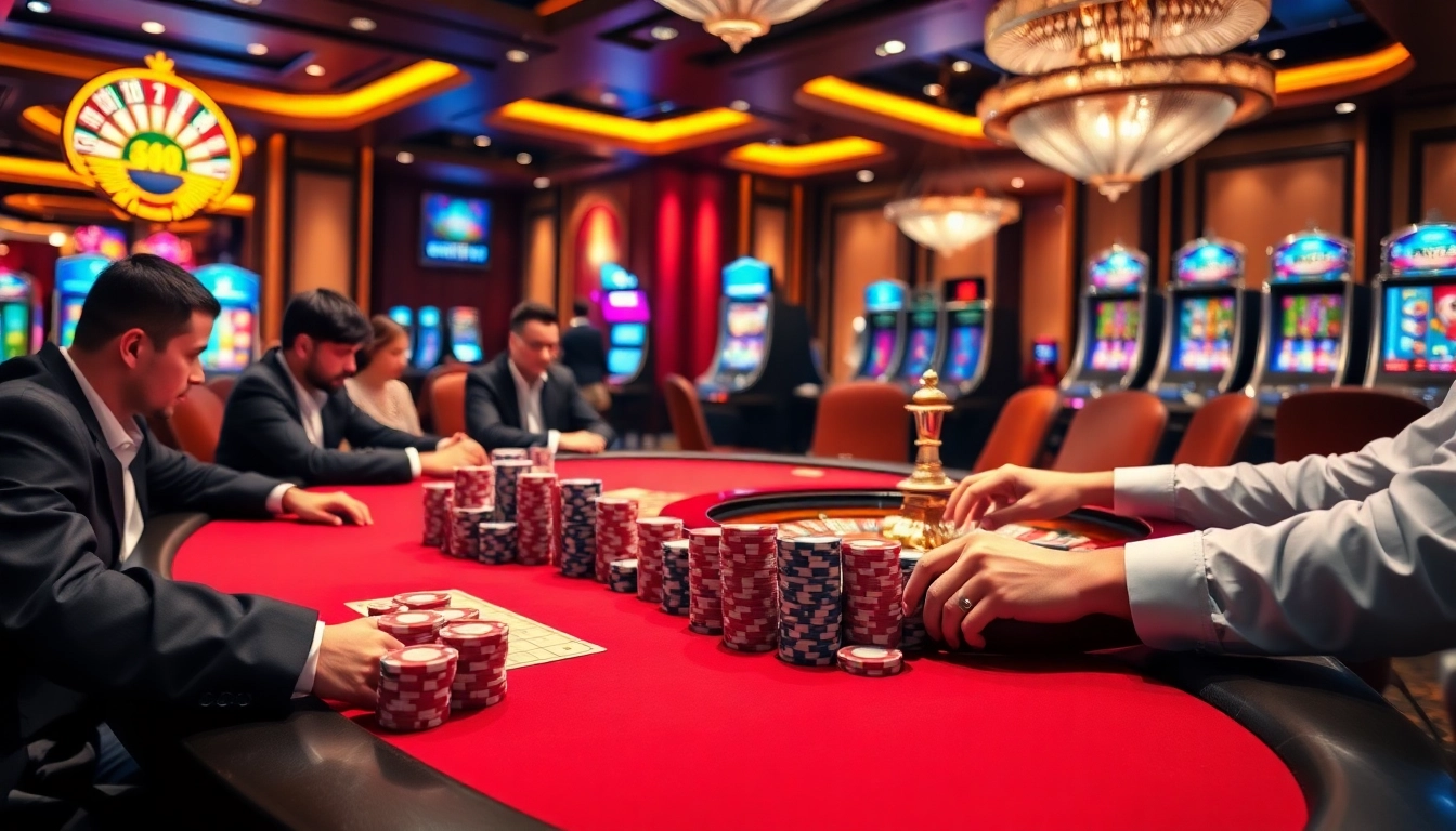 Players engage in thrilling poker at the Gopay88 casino, surrounded by vibrant slot machines and roulette wheels.