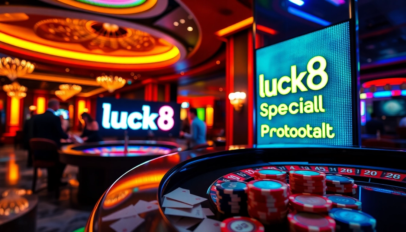 Experience the thrill of gambling with luck8 showcased in a luxurious casino scene featuring a roulette wheel and poker chips.
