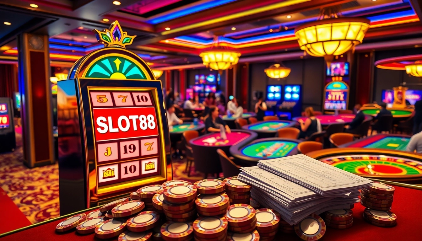 Play exciting slot88 games amidst vibrant casino atmosphere filled with poker chips and betting slips.