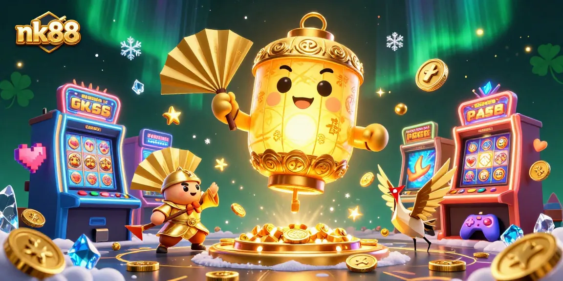 Experience the shine of nk88 with glowing spirits and dynamic casino games in a vivid illustration.